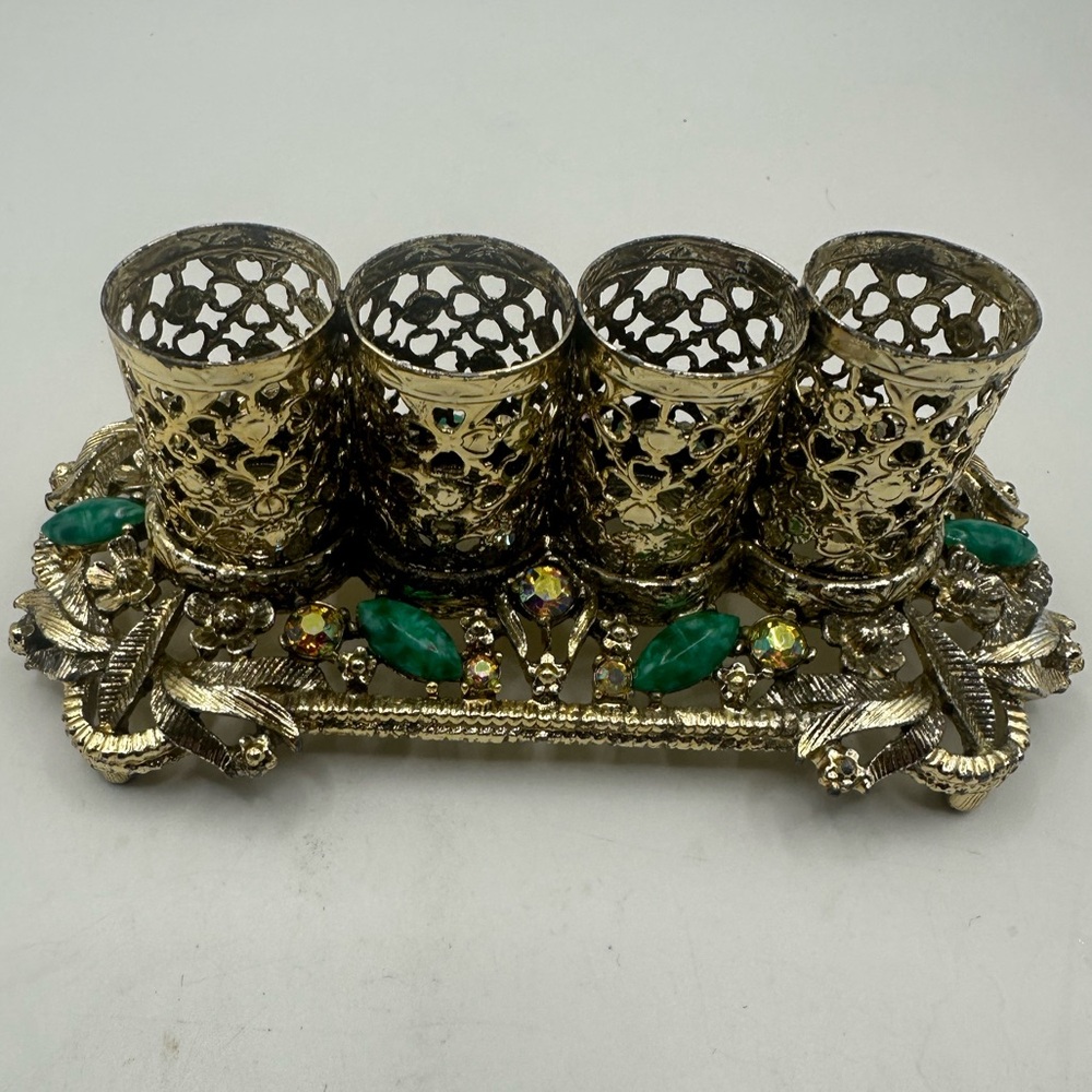 SAM FINK VINTAGE JEWELED VANITY FILIGREE ORMOLU LIPSTICK HOLDER SF MID CENTURY